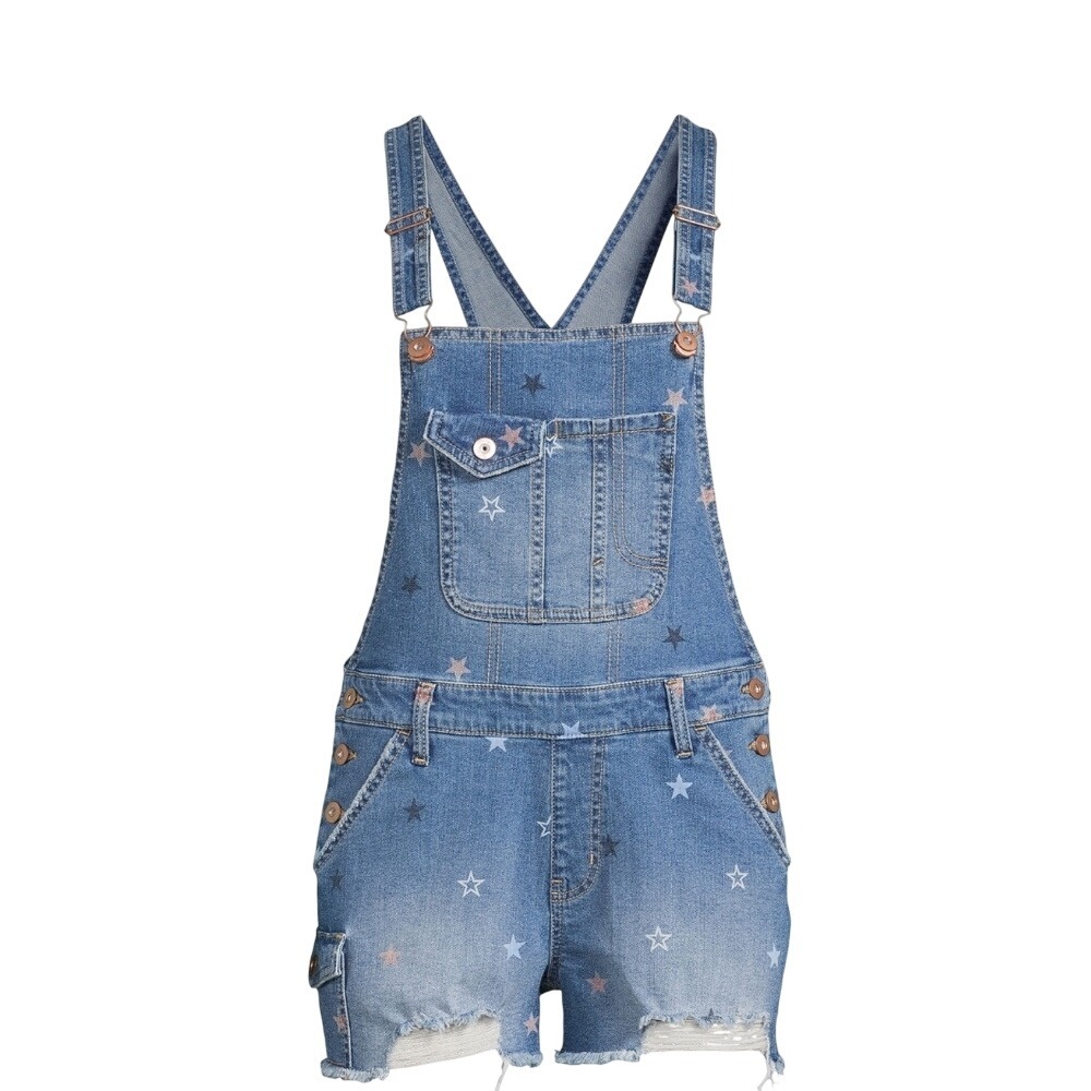 No Boundaries Light Blue Denim Star Print Short Overalls